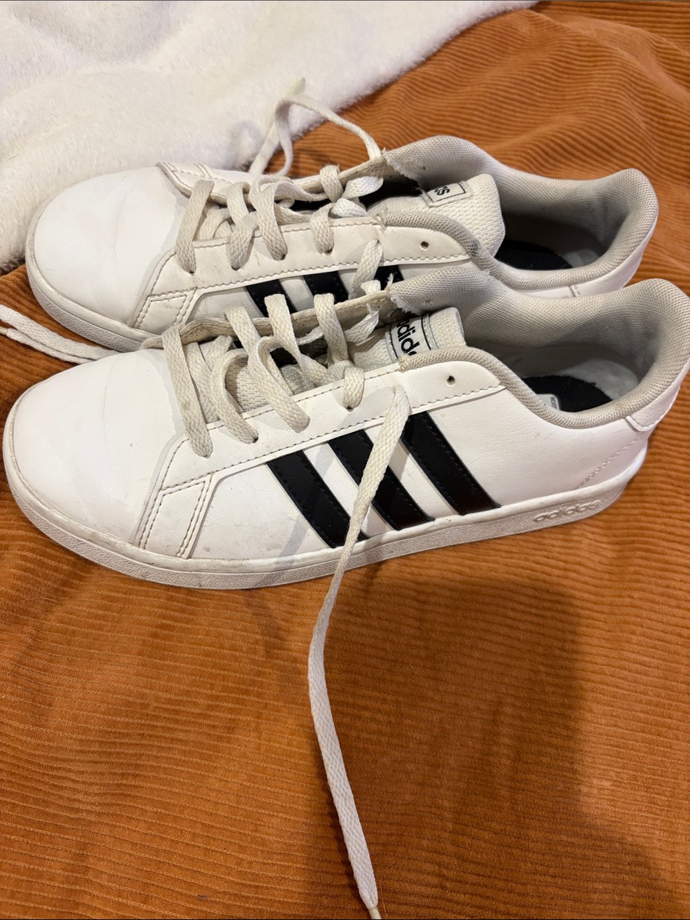 adidas Kids White Sneakers with Black Three Stripes